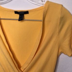 Yellow Ribbed Surplice Bodysuit